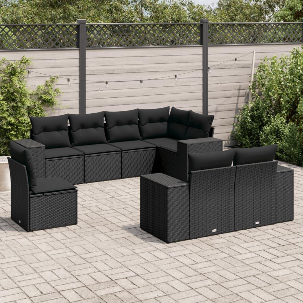 8 Piece Garden Sofa Set with Cushions Black Poly Rattan