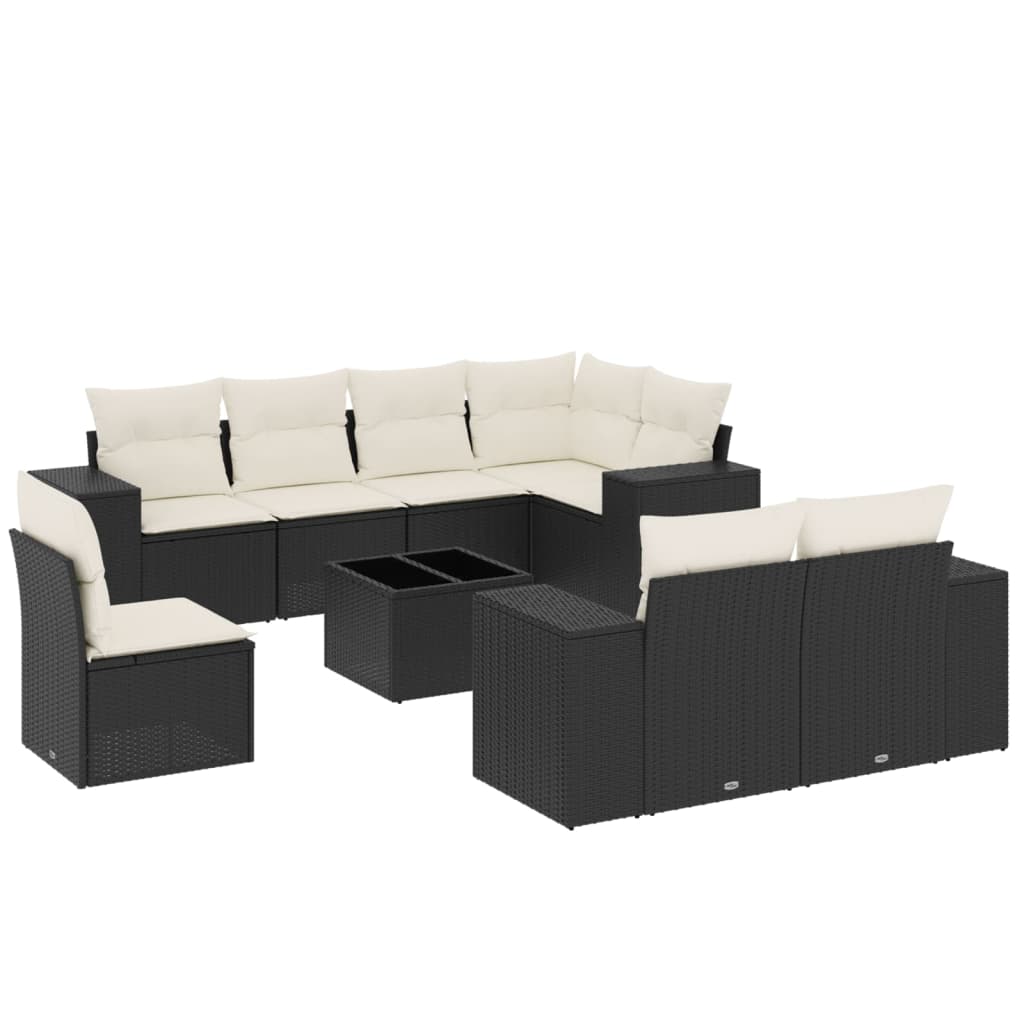 9 Piece Garden Sofa Set with Cushions Black Poly Rattan