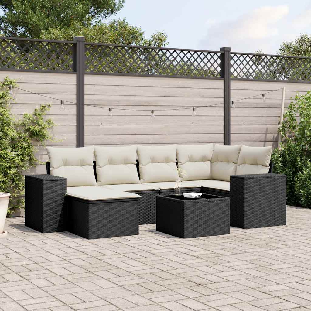 7 Piece Garden Sofa Set with Cushions Black Poly Rattan