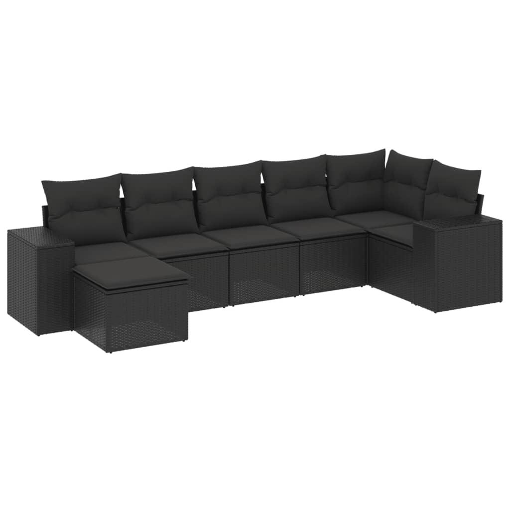 7 Piece Garden Sofa Set with Cushions Black Poly Rattan