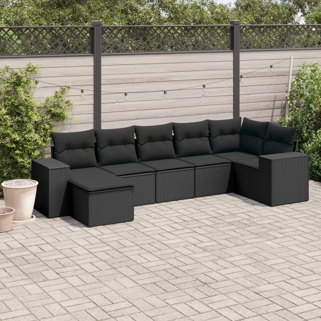 7 Piece Garden Sofa Set with Cushions Black Poly Rattan