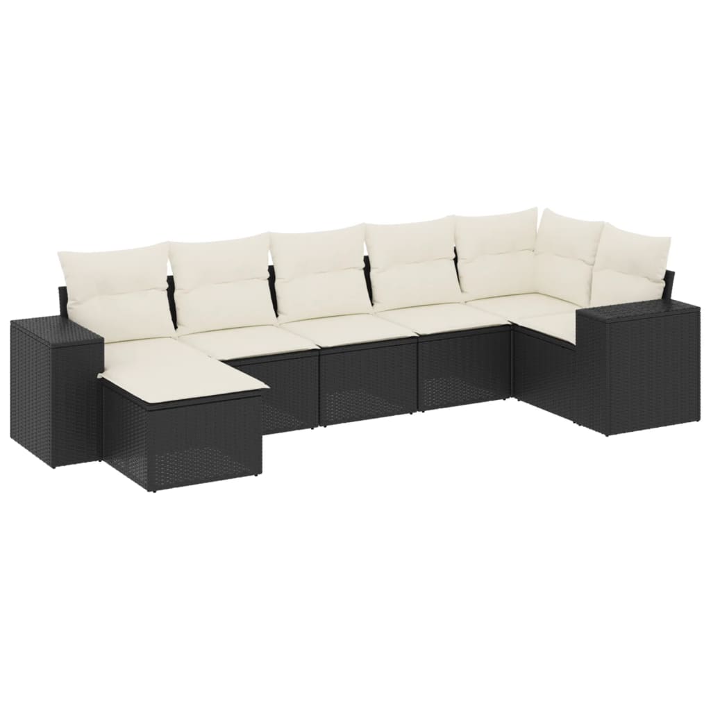 7 Piece Garden Sofa Set with Cushions Black Poly Rattan