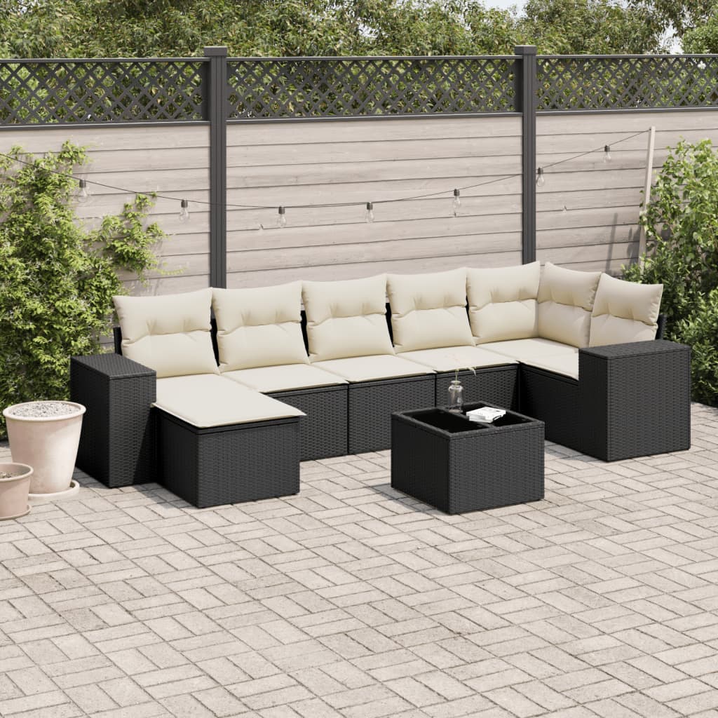 8 Piece Garden Sofa Set with Cushions Black Poly Rattan