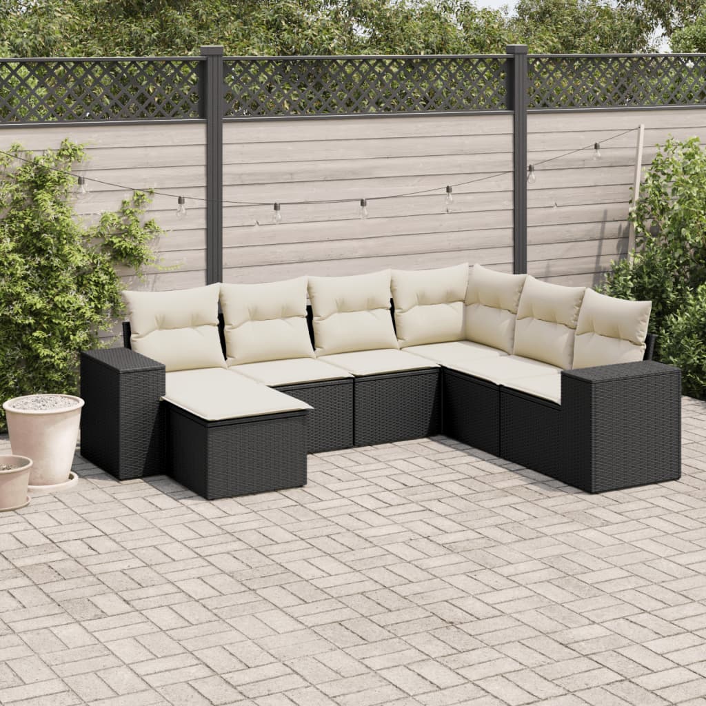 7 Piece Garden Sofa Set with Cushions Black Poly Rattan