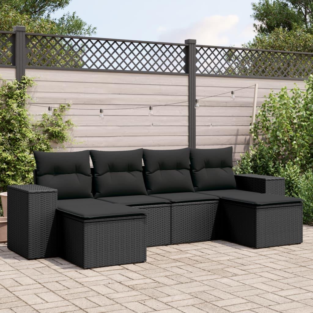 6 Piece Garden Sofa Set with Cushions Black Poly Rattan