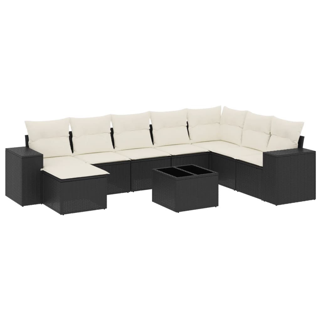 9 Piece Garden Sofa Set with Cushions Black Poly Rattan