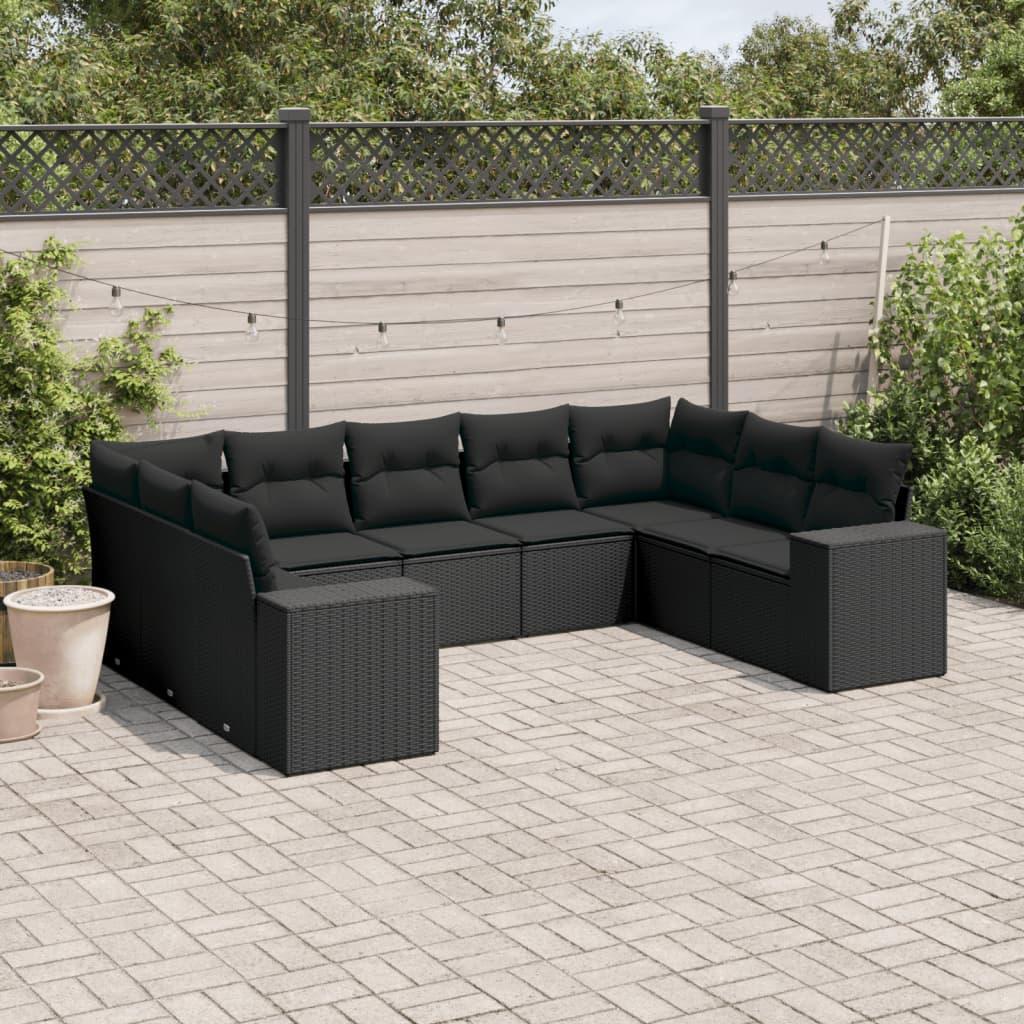 9 Piece Garden Sofa Set with Cushions Black Poly Rattan