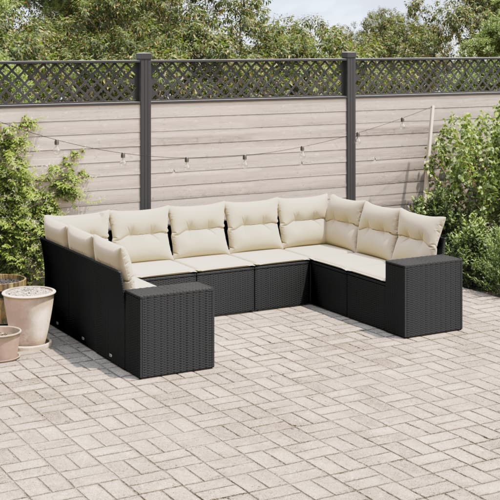 9 Piece Garden Sofa Set with Cushions Black Poly Rattan