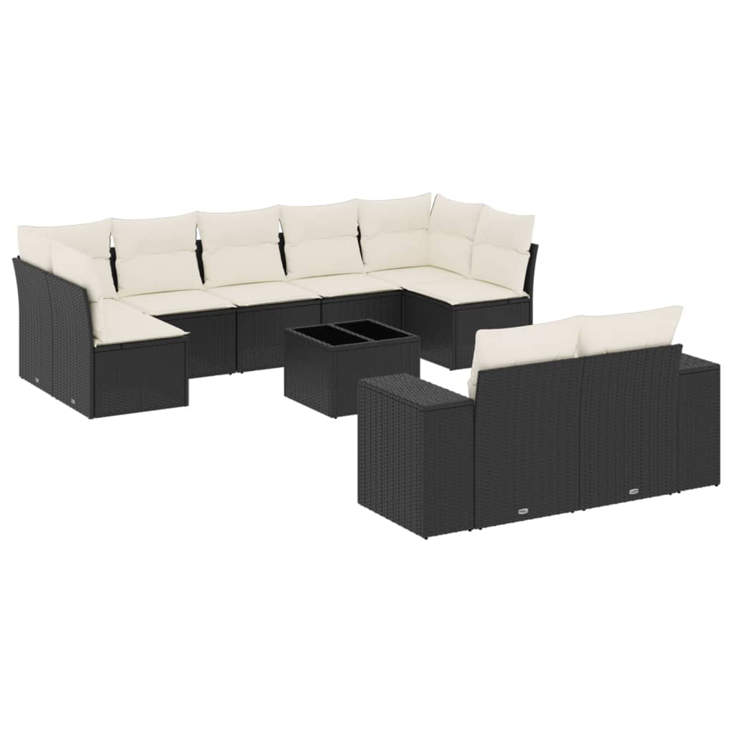 10 Piece Garden Sofa Set with Cushions Black Poly Rattan