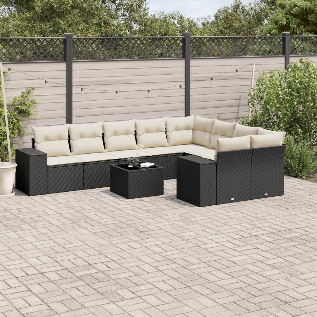 10 Piece Garden Sofa Set with Cushions Black Poly Rattan