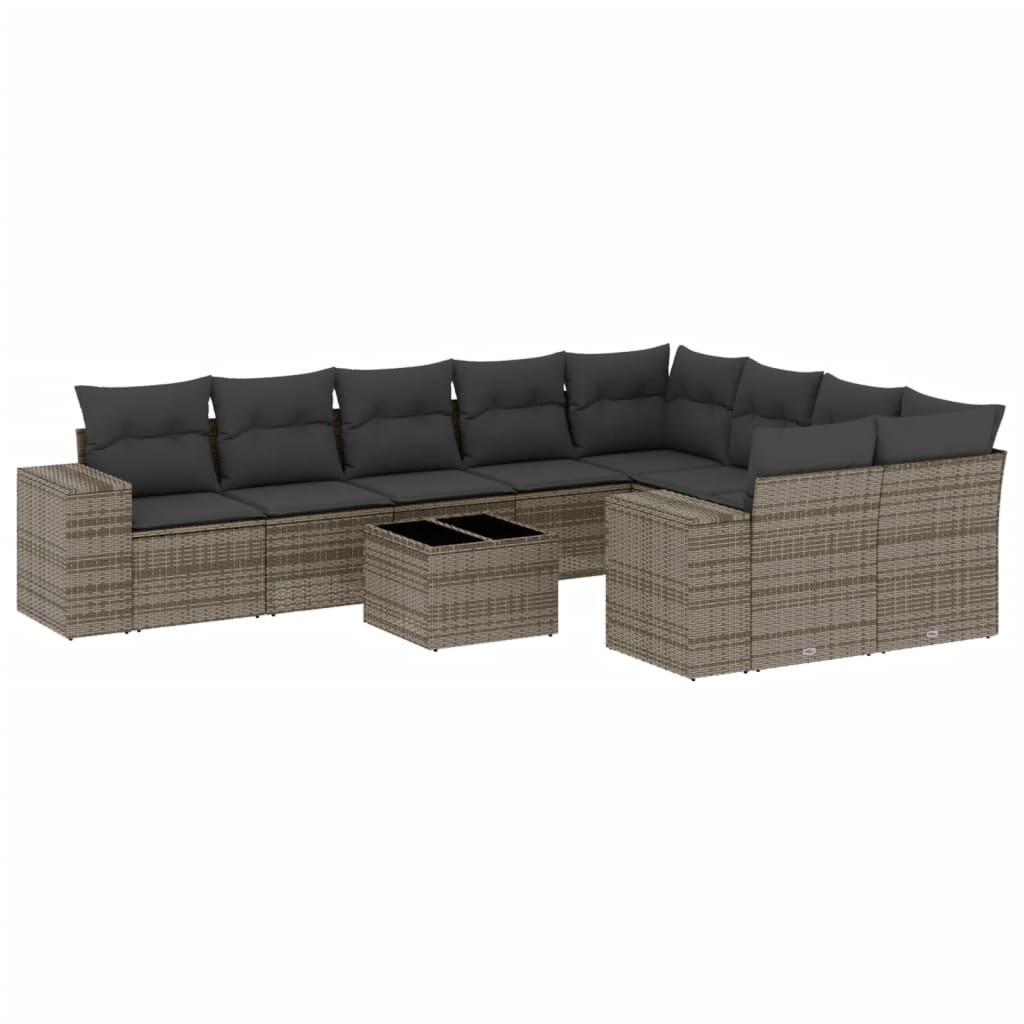 10 Piece Garden Sofa Set with Cushions Grey Poly Rattan