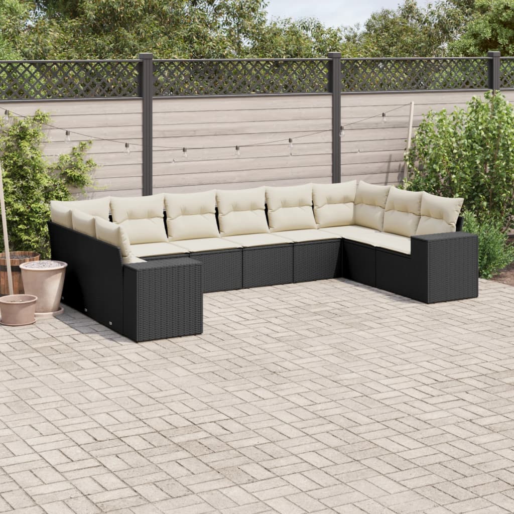 10 Piece Garden Sofa Set with Cushions Black Poly Rattan