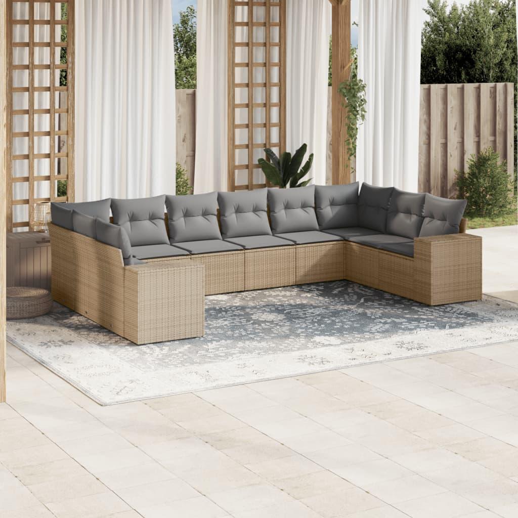 10 Piece Garden Sofa Set with Cushions Beige Poly Rattan