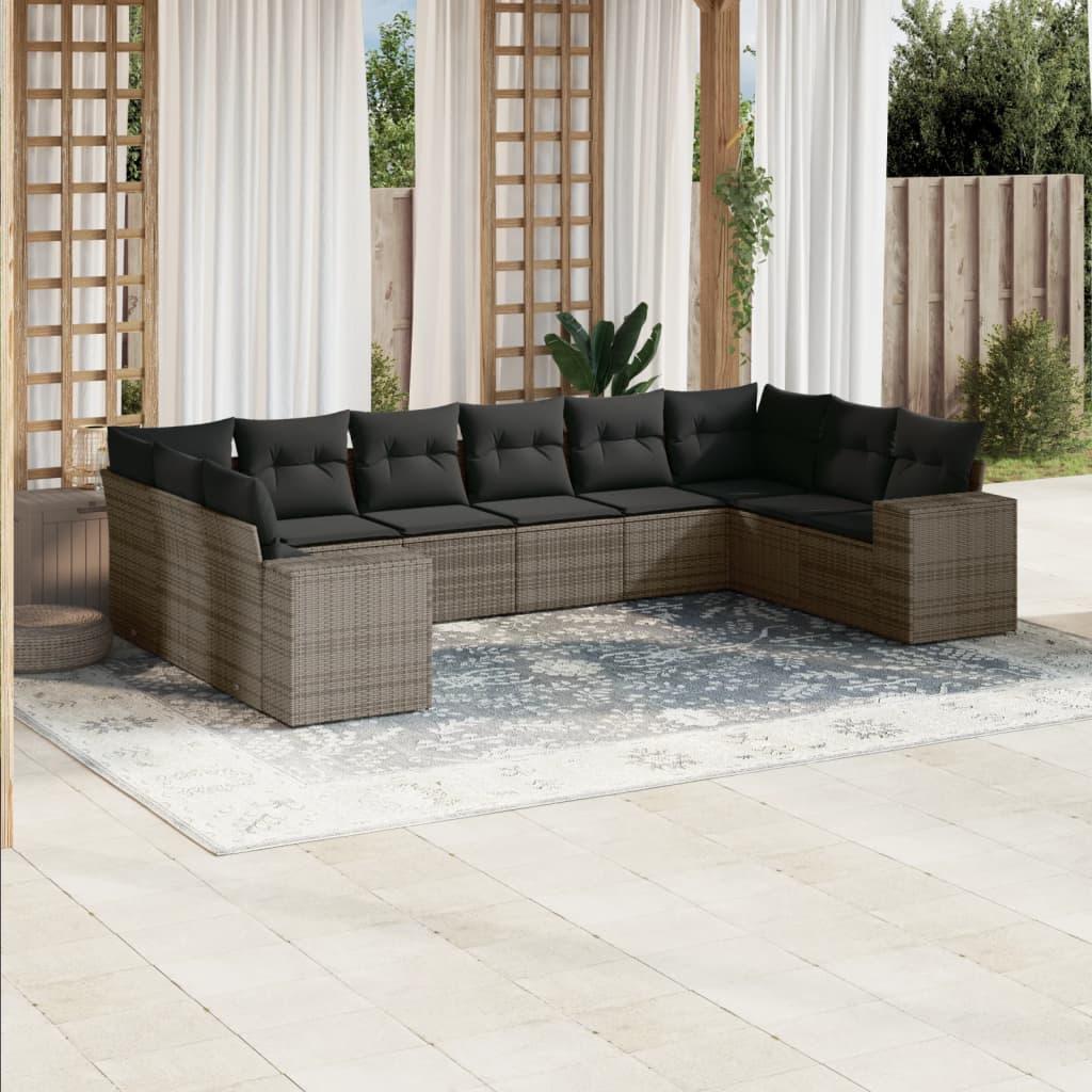 10 Piece Garden Sofa Set with Cushions Grey Poly Rattan