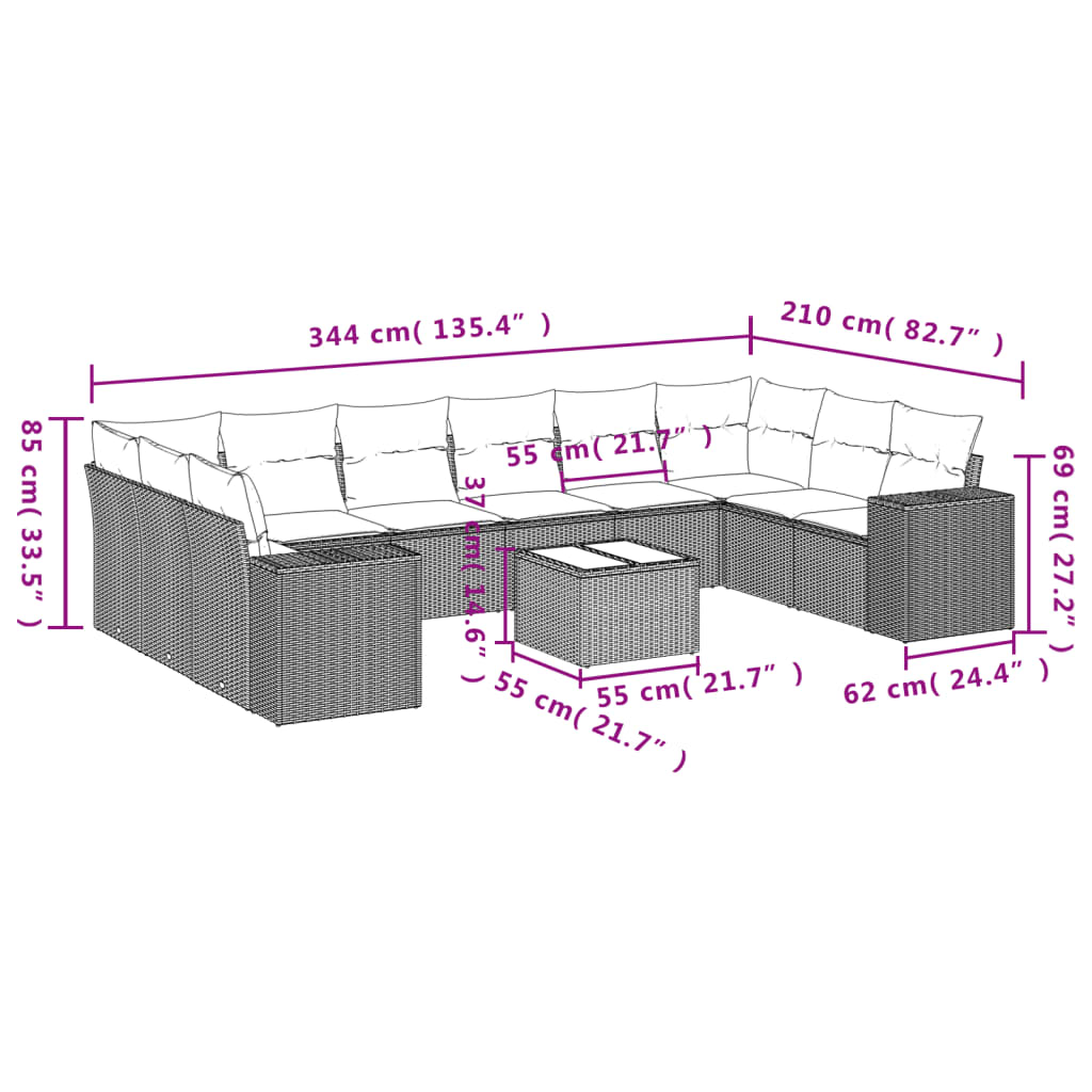 11 Piece Garden Sofa Set with Cushions Beige Poly Rattan