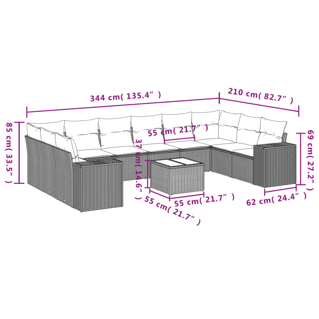 11 Piece Garden Sofa Set with Cushions Grey Poly Rattan