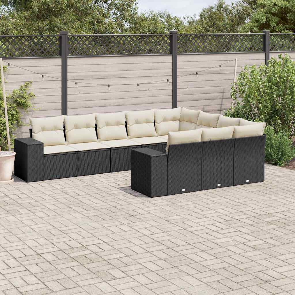 10 Piece Garden Sofa Set with Cushions Black Poly Rattan