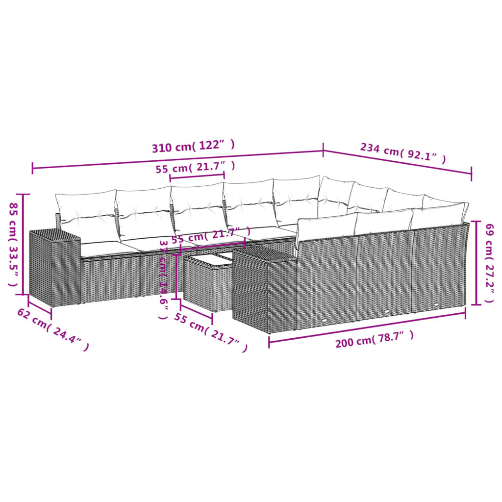 11 Piece Garden Sofa Set with Cushions Grey Poly Rattan