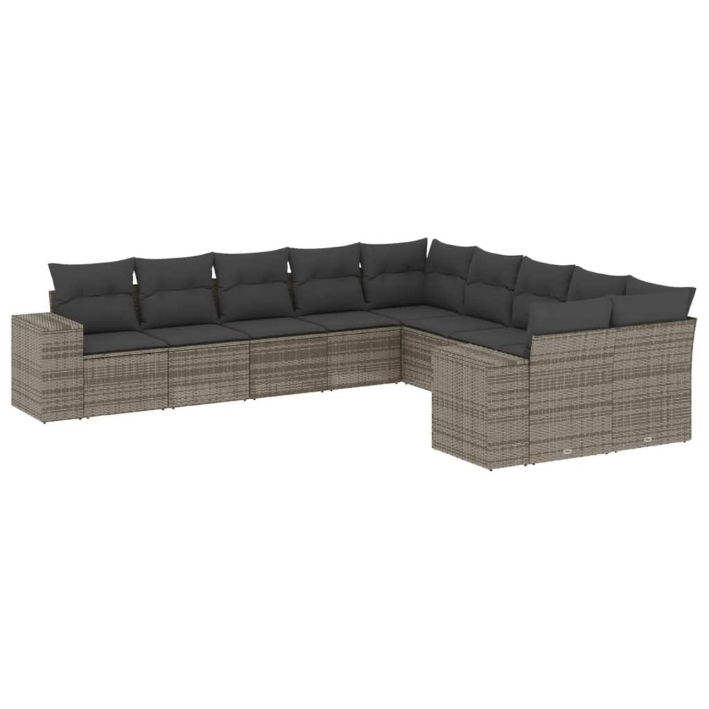 10 Piece Garden Sofa Set with Cushions Grey Poly Rattan