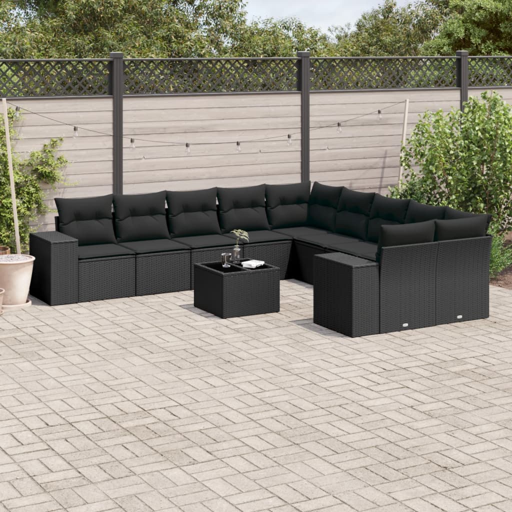 11 Piece Garden Sofa Set with Cushions Black Poly Rattan