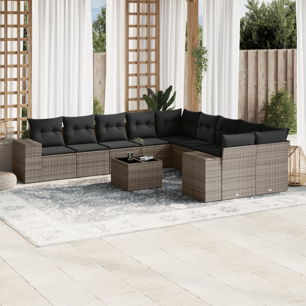 11 Piece Garden Sofa Set with Cushions Grey Poly Rattan