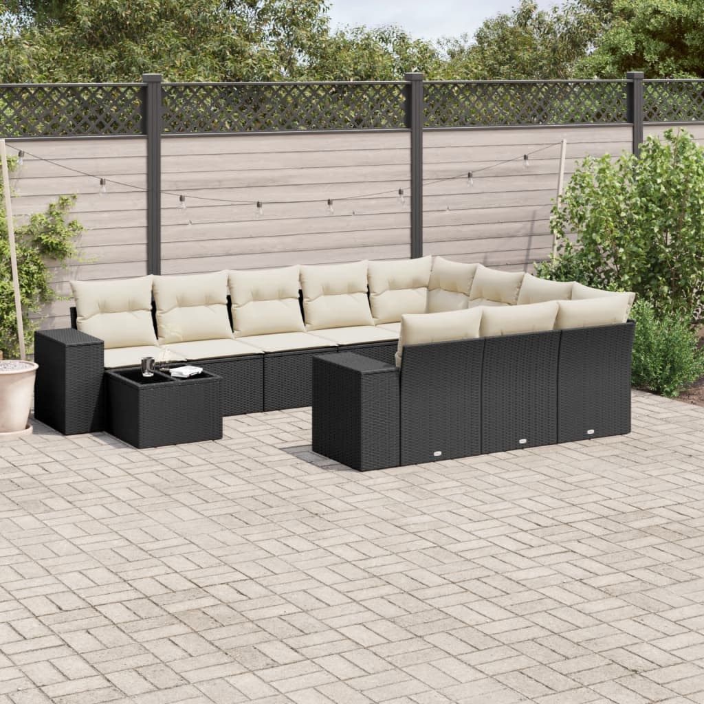 11 Piece Garden Sofa Set with Cushions Black Poly Rattan