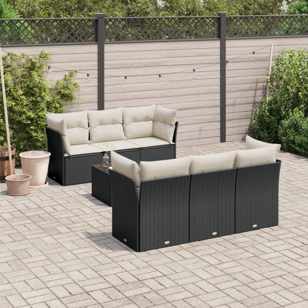 7 Piece Garden Sofa Set with Cushions Black Poly Rattan