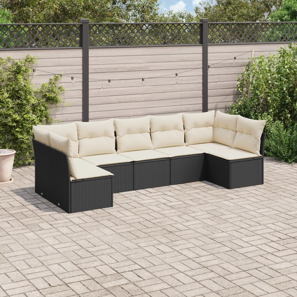 7 Piece Garden Sofa Set with Cushions Black Poly Rattan