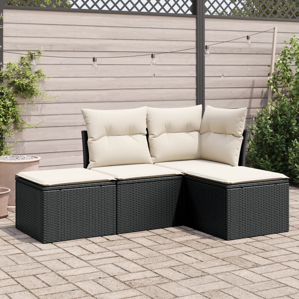 4 Piece Garden Sofa Set with Cushions Black Poly Rattan