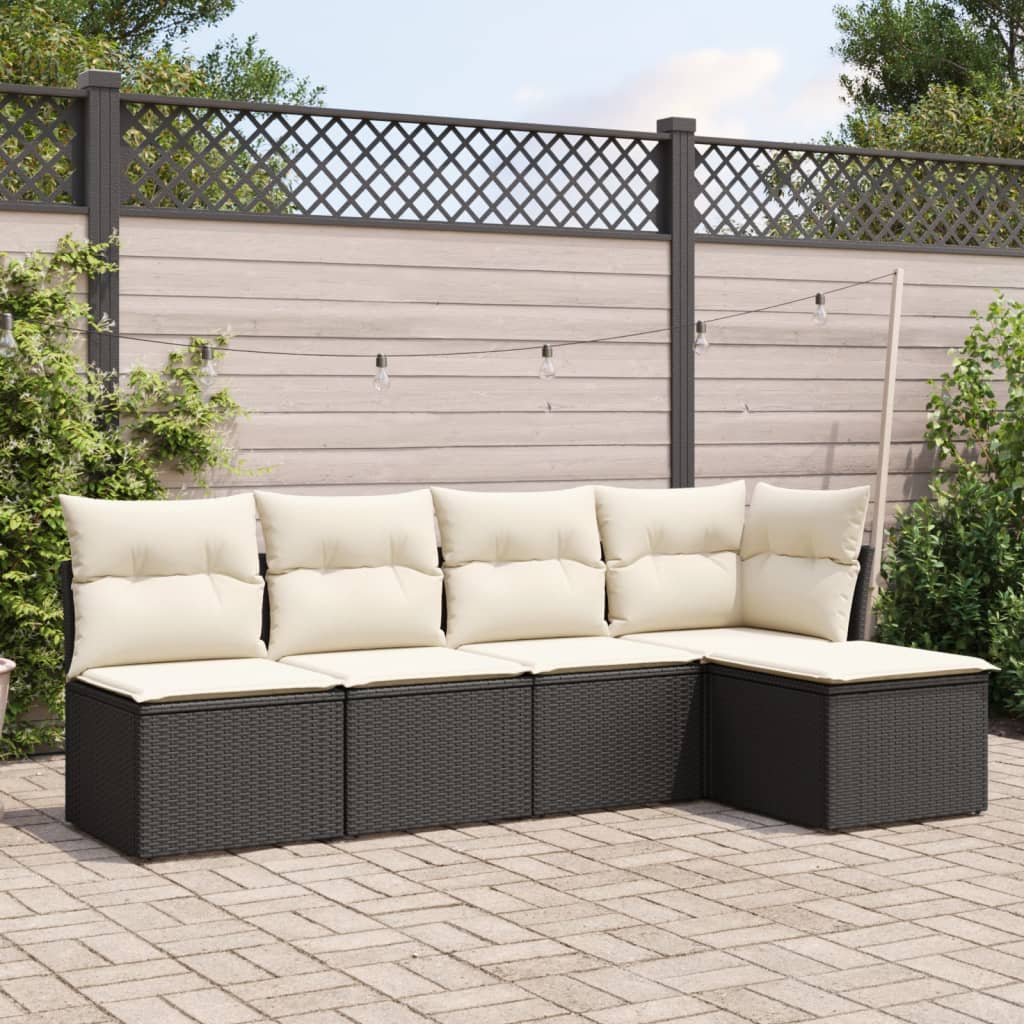 5 Piece Garden Sofa Set with Cushions Black Poly Rattan