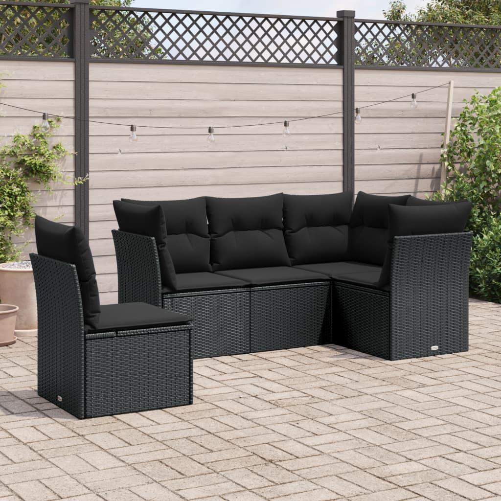 5 Piece Garden Sofa Set with Cushions Black Poly Rattan