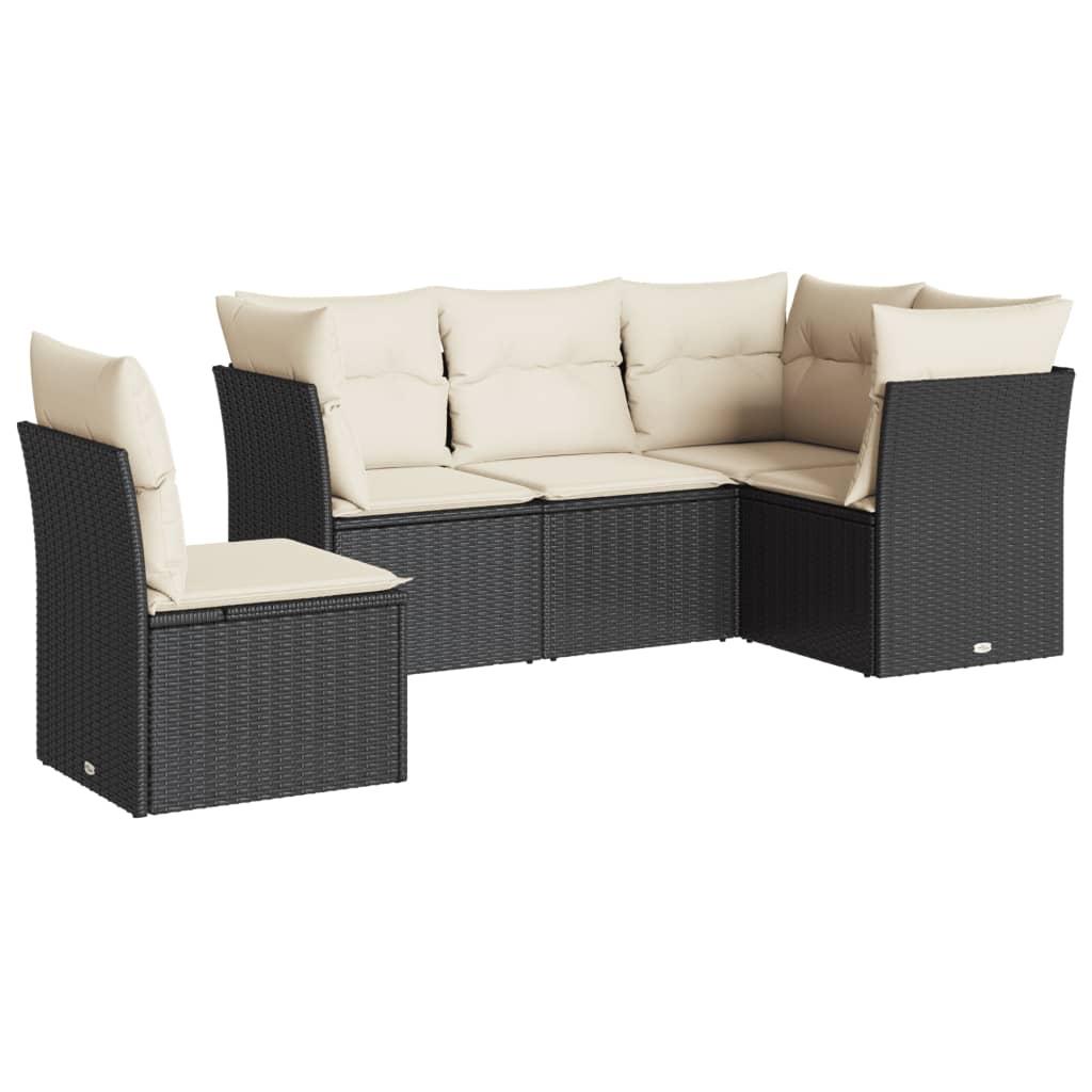 5 Piece Garden Sofa Set with Cushions Black Poly Rattan