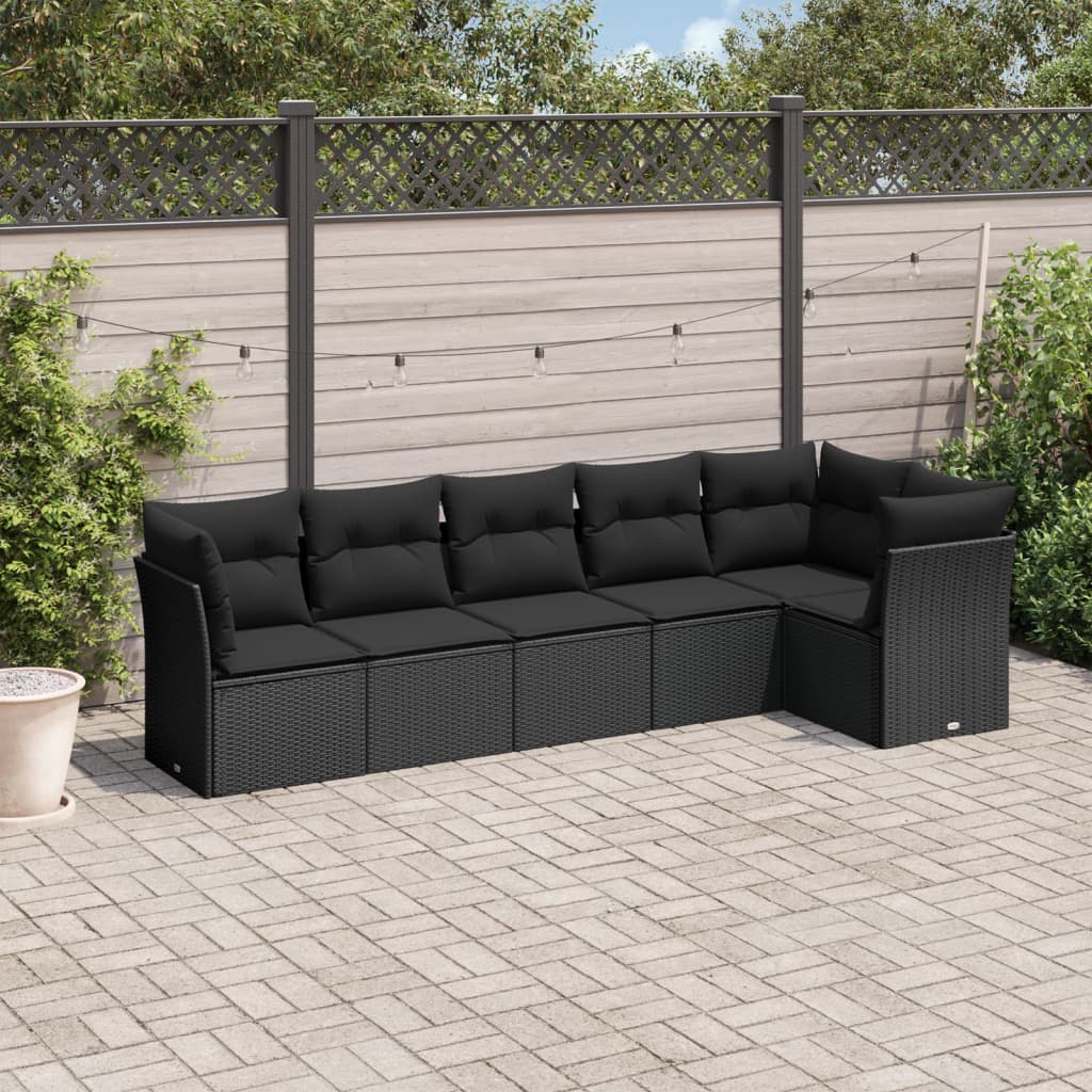 6 Piece Garden Sofa Set with Cushions Black Poly Rattan