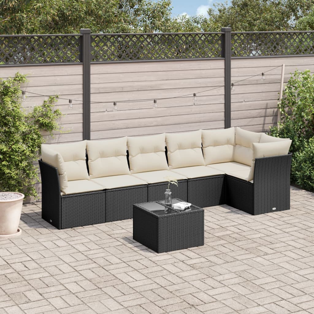 7 Piece Garden Sofa Set with Cushions Black Poly Rattan