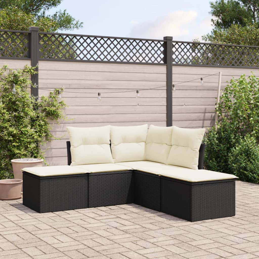 5 Piece Garden Sofa Set with Cushions Black Poly Rattan