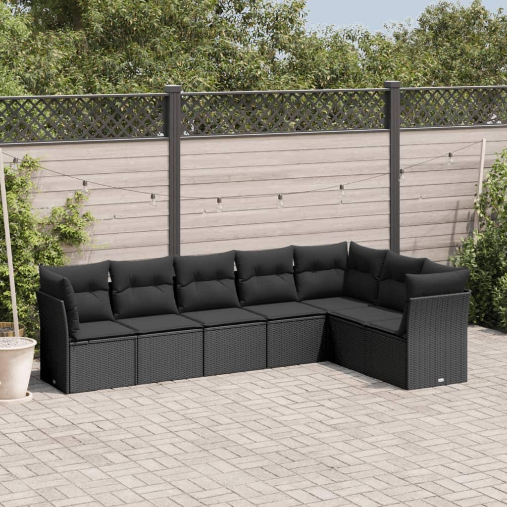 7 Piece Garden Sofa Set with Cushions Black Poly Rattan