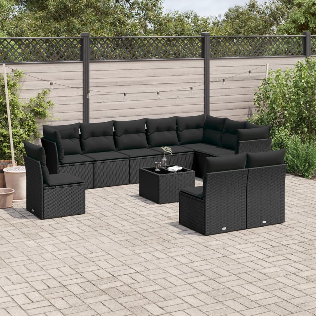 11 Piece Garden Sofa Set with Cushions Black Poly Rattan