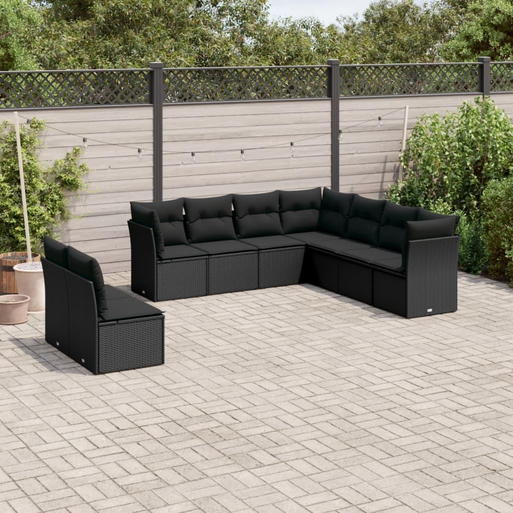 9 Piece Garden Sofa Set with Cushions Black Poly Rattan