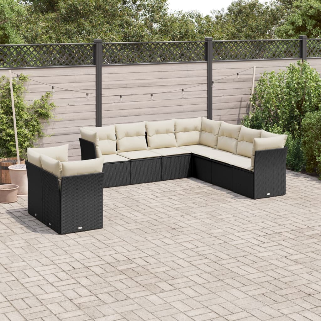 9 Piece Garden Sofa Set with Cushions Black Poly Rattan