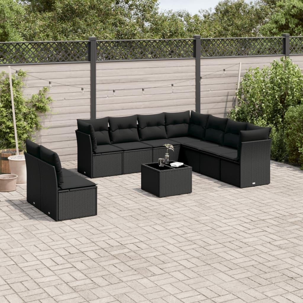 10 Piece Garden Sofa Set with Cushions Black Poly Rattan