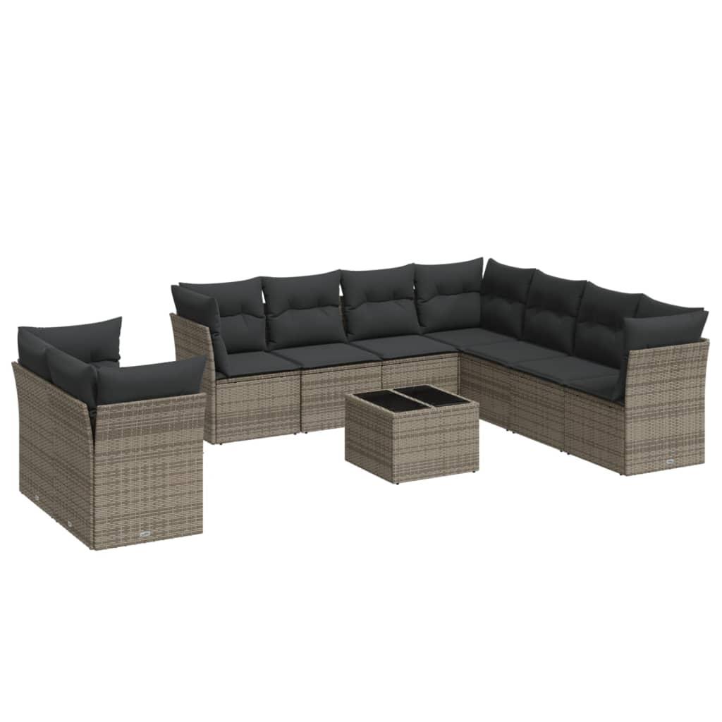 10 Piece Garden Sofa Set with Cushions Grey Poly Rattan