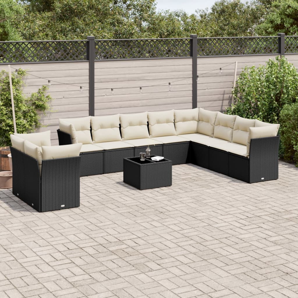 11 Piece Garden Sofa Set with Cushions Black Poly Rattan