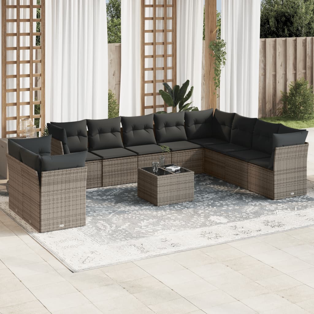 11 Piece Garden Sofa Set with Cushions Grey Poly Rattan