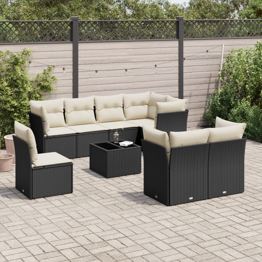 9 Piece Garden Sofa Set with Cushions Black Poly Rattan