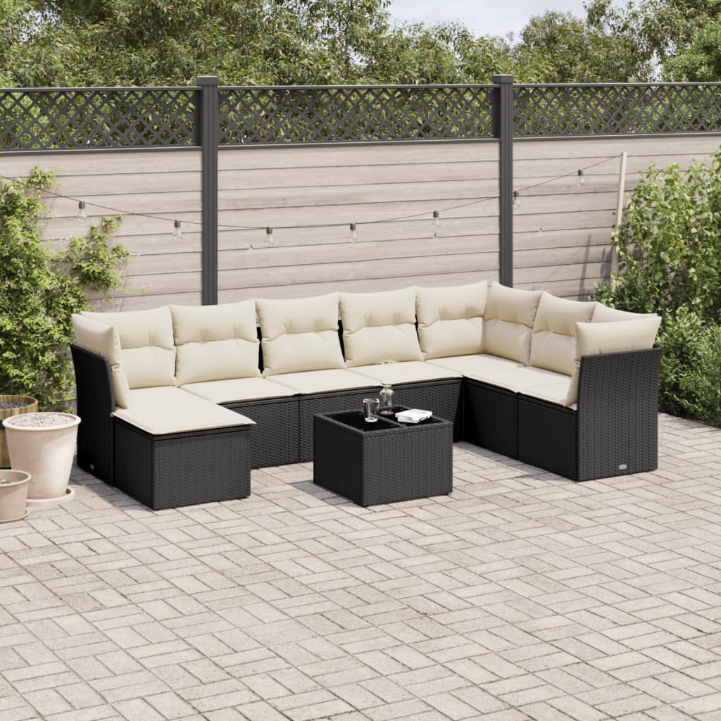 9 Piece Garden Sofa Set with Cushions Black Poly Rattan