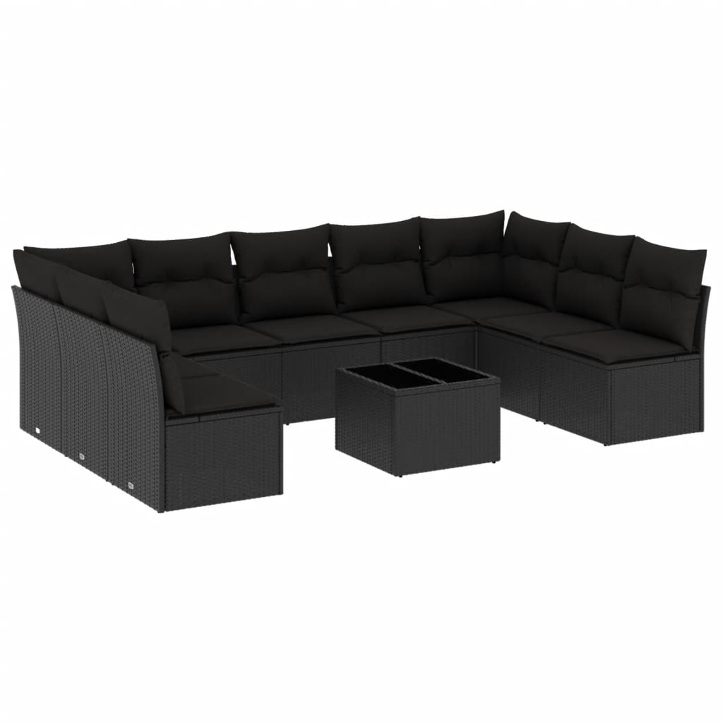 10 Piece Garden Sofa Set with Cushions Black Poly Rattan