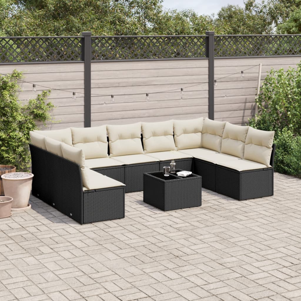 10 Piece Garden Sofa Set with Cushions Black Poly Rattan