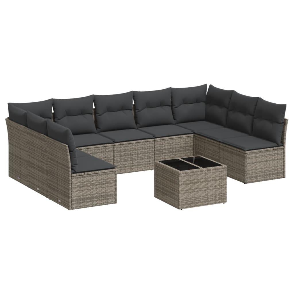 10 Piece Garden Sofa Set with Cushions Grey Poly Rattan