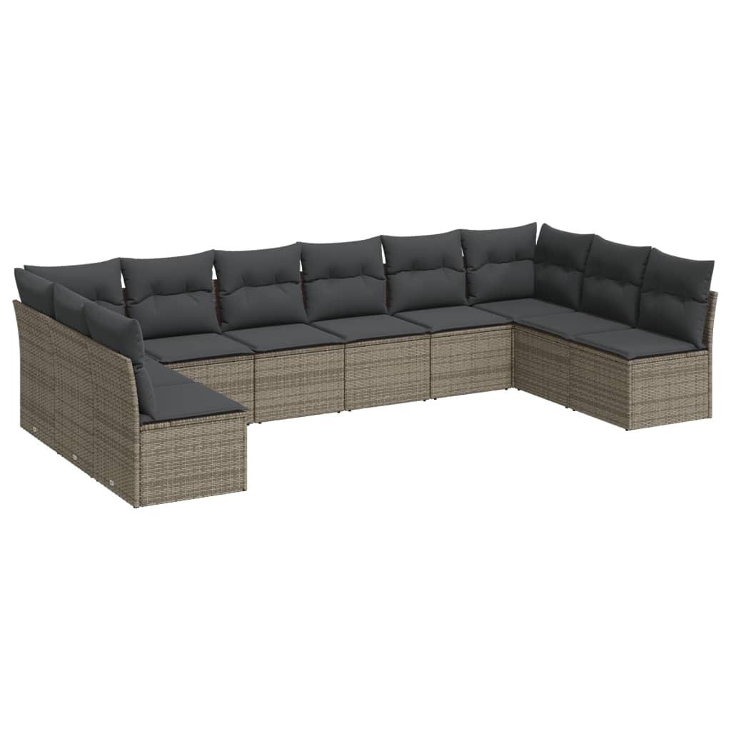 10 Piece Garden Sofa Set with Cushions Grey Poly Rattan