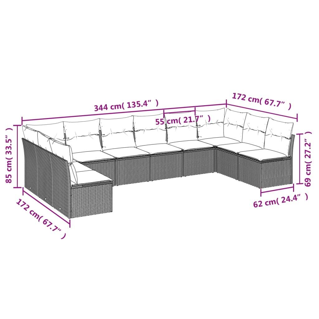 10 Piece Garden Sofa Set with Cushions Grey Poly Rattan